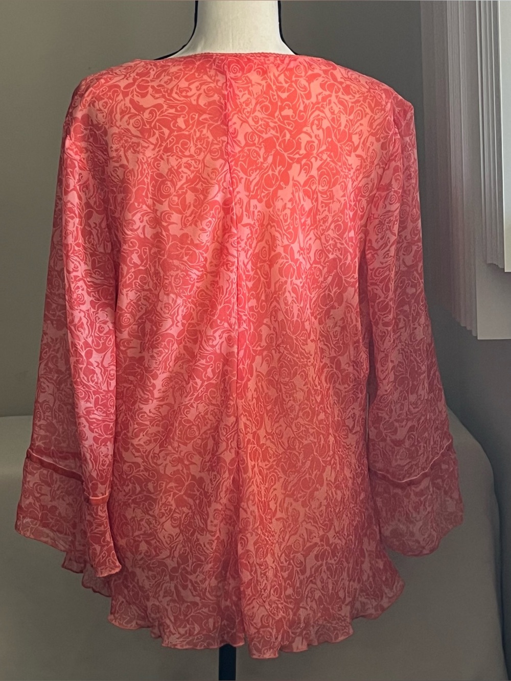Coral V-Neck Sheer Floral Blouse - Picture 3 of 6